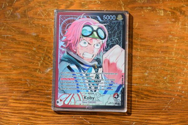 High resolution view of Koby Alternate Art Leader encased in a PCG Slim Player Slab.