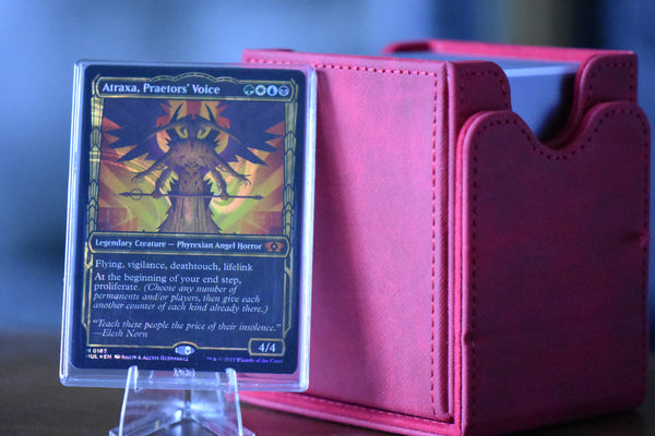 Atraxa Halo PCG 9 Mint in a Slim Player Slab with red deckbox - front view