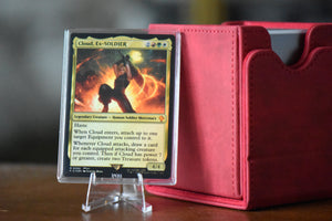 Cloud Ex-SOLDIER PCG 9 Mint in a Slim Player Slab next to a red deckbox - front view