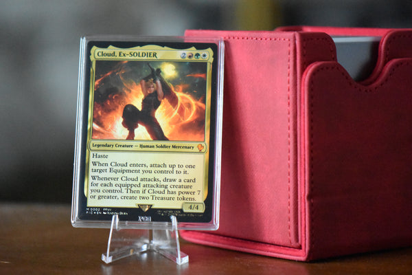 Cloud Ex-SOLDIER PCG 9 Mint in a Slim Player Slab next to a red deckbox - front view