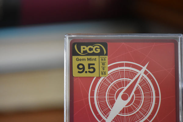 Closeup of PCG 9.5 Gem Mint label on a Doflamingo Alt Art Slim Player Slab.