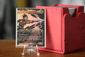Fire Lord Azula PCG 9.5 Gem Mint in a Slim Player Slab next to red deckbox - front view