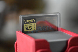 Golbez Surge Foil PCG 9.5 Gem Mint in a Slim Player Slab inside a red deckbox - back view