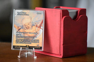 Hero of Light PCG 9.5 Gem Mint in a Slim Player Slab next to red deckbox - front view