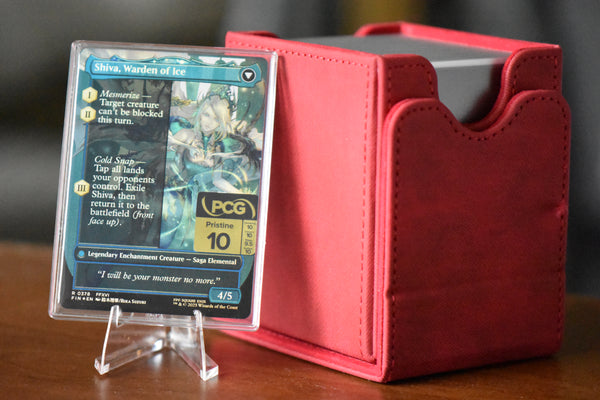 Jill Shiva's Dominant PCG 10 Pristine in a Slim Player Slab next to red deckbox - back view