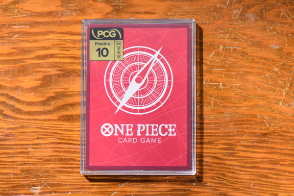 Backside of One Piece Leader Jinbe encased in a PCG Slim Player Slab with grade label.