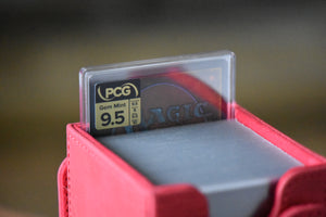 Krenko Foil Etched PCG 9.5 Gem Mint in a Slim Player Slab inside a red deckbox - back view