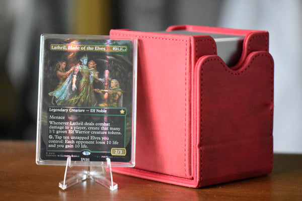 Lathril Mana Foil PCG 10 Gem Mint in a Slim Player Slab next to a red deckbox - front view