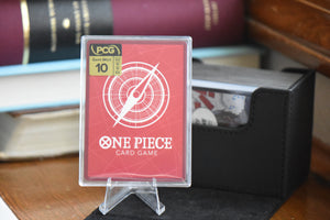 Back of an OP13 Luffy Alt Art PCG 10 in a Slim Player Slab showing grade details.