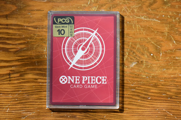 Backside of a PCG 10 Gem Mint Sabo OP13 Alt Leader with grade details.