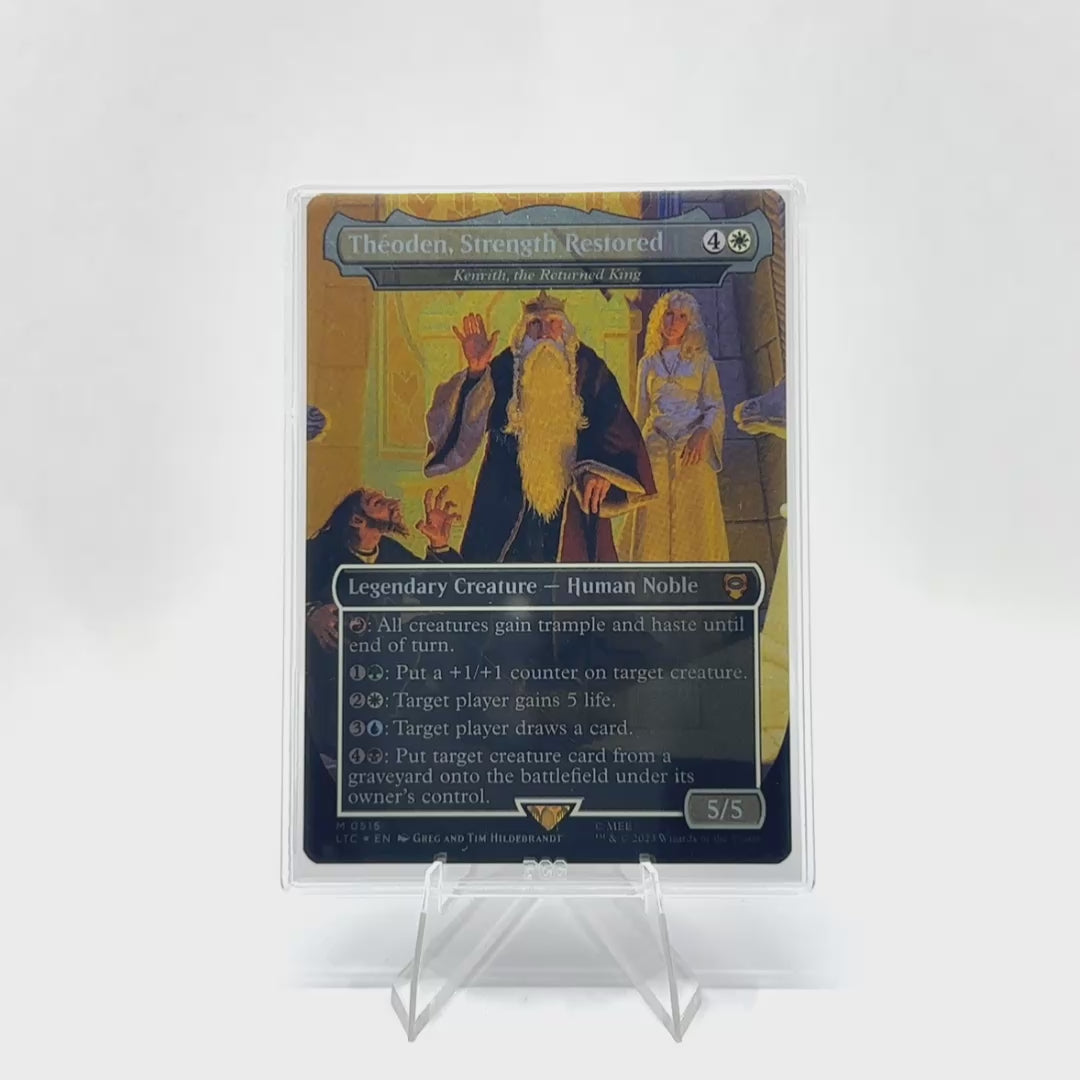 Theoden Strength Restored PCG 9 Mint in a Slim Player Slab spinning in place against white background.